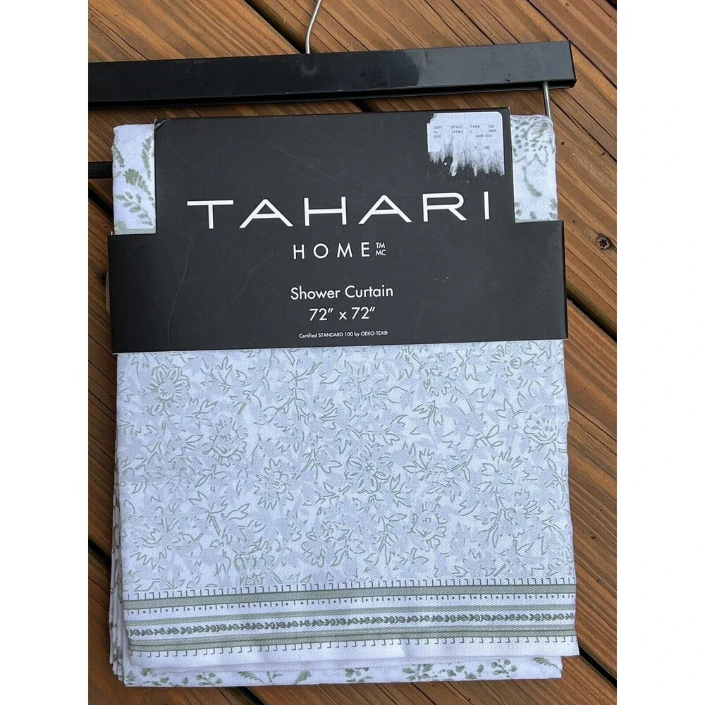 TAHARI Home Fabric Shower Curtain White & Green Floral Border Botanical New